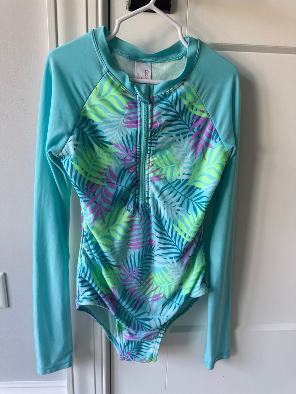 Cat and Jack Girls Long Sleeve Tropical Print Rash Guard Swimsuit - Aqua
